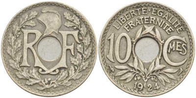 ФРАНЦИЯ 10 САНТИМОВ 1924 ТИП ЛИНДАЙЁ KM 866а, LE FRANC 138.10 медно-никель 212-855