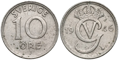 Швеция 10 эре 1946 TS, Густав V (1907-1950 KM 795 никель бронза 4549-1115