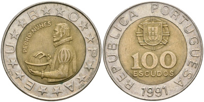 Португалия 100 эскудо 1991 Педру Нуниш (1502-1578), математик KM 645.1 биметалл 4165-346