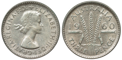 Австралия 3 пенса 1960 m, Елизавета II (1952-2022) KM 57 серебро 71-659