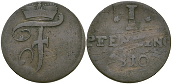 Вальдек-Пирмонт 1 пфенниг 1810 FW, монограмма F KM 42b медь 99-769