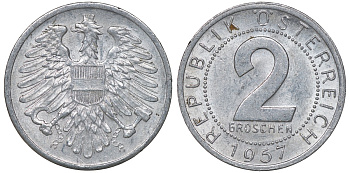 Австрия 2 гроша 1957 KM 2876 алюминий 4163-711