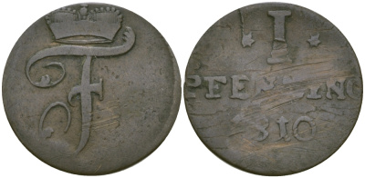 Вальдек-Пирмонт 1 пфенниг 1810 FW, монограмма F KM 42b медь 99-769