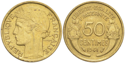 ФРАНЦИЯ 50 САНТИМОВ 1941 ТИП MORLON KM 894.1, LE FRANC 192.18 алюминиевая бронза 44-532