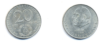 ГДР 20 марок 1973 А, Отто Гротеволь (1894-1964) KM 47 медно-никель 3333-445