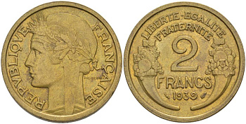 ФРАНЦИЯ 2 ФРАНКА 1939 ТИП MORLON KM 886, LE FRANC 268.12 алюминиевая бронза 3855-134