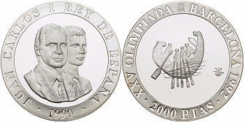 Испания 2000 песет 1990 XXV летние Олимпийские игры 1992 года в Барселоне, древняя лодка KM 865 серебро PROOF 04-174-23