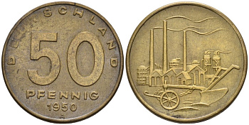 ГДР 50 пфеннигов 1950 А, фабрика KM 4 алюминиевая бронза 4575-516