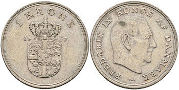 Дания 1 крона 1967 C; S, Фредерик IX (1947-1972) KM 851.1 медно-никель 4605-737