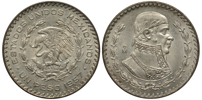 Мексика 1 песо 1957 Хосе Мария Морелос KM 459 серебро XF-UNC 107-635