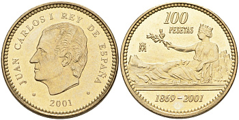 Испания 100 песет 2001 132 года Испанской песете, Хуан Карлос I (1975-2001) KM 1016 алюминиевая бронза 4583-1012