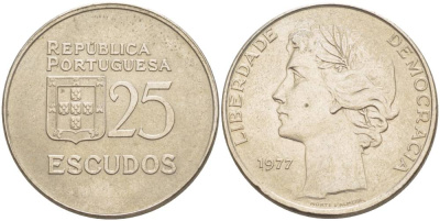 ПОРТУГАЛИЯ 25 ЭСКУДО 1977 KM 607 медно-никель 4542-815