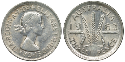 Австралия 3 пенса 1963 m, Елизавета II (1952-2022) KM 57 серебро 71-926