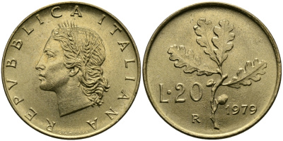 ИТАЛИЯ 20 ЛИР 1979 R KM 97.2 алюминиевая бронза 98-152