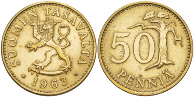 ФИНЛЯНДИЯ 50 ПЕННИ 1963 ПЕРВЫЙ ГОД KM 48 алюминиевая бронза 4548-257