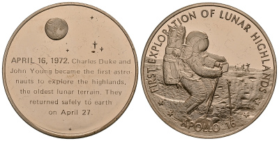 США МЕДАЛЬ ND ПЕРВЫЕ ЭКСПЕРИМЕНТЫ НА ЛУНЕ, АПОЛЛОН 16, 39 мм, 24,2 гр Латунь PROOF 05-122-12