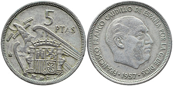 Испания 5 песет 1957 (71) Франсиско Франко (1939-1975) KM 786 медно-никель 4393-233