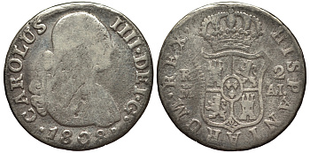 Испания 2 реала 1808 M AL, мондвор (Мадрид), Карлос IIII (1788-1808) KM 430.1 ( C69.1) серебро 1522-514