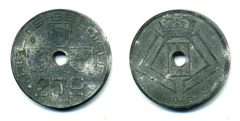 БЕЛЬГИЯ 25 САНТИМОВ 1942 BELGIE-BELGIQUE, ГЕРМАНСКАЯ ОККУПАЦИЯ, ВТОРАЯ МИРОВАЯ ВОЙНА KM 132 цинк 86-1022