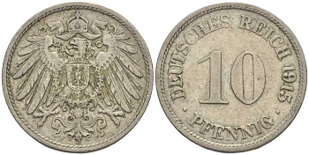 ГЕРМАНИЯ 10 ПФЕННИГОВ 1915 F KM 12, J. 13 медно-никель 65-841