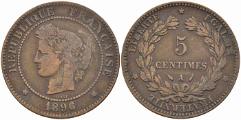 ФРАНЦИЯ 5 САНТИМОВ 1896 A, ТРЕТЬЯ РЕСПУБЛИКА (1871-1940) KM 821.1, LE FRANC 118.38 бронза 108-737