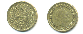 ДАНИЯ 20 КРОН 1990 МАРГАРЕТ II KM 871 алюминиевая бронза 179-241
