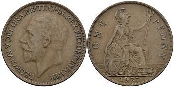 Великобритания 1 пенни 1927 Георг V (1910-1936) КМ 826, Spink 4054 бронза 177-445