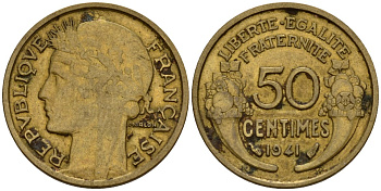 Франция 50 сантимов 1941 KM 894.1, Le Franc 192.15 алюминиевая бронза 4158-711