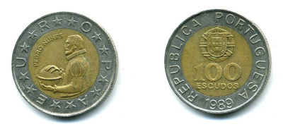 Португалия 100 эскудо 1989 Педру Нуниш (1502-1578), математик KM 645.1 биметалл 51-4722