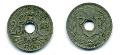 ФРАНЦИЯ 25 САНТИМОВ 1931 ТИП ЛАНДАЙЁ KM 867а, LE FRANC 171,15 медно-никель 84-412