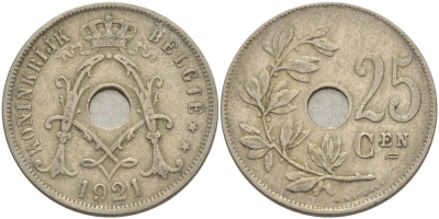 Бельгия 25 сантимов 1921 Belgie, Альберт I (1909-1934) KM 69 медно-никель 4529-1124