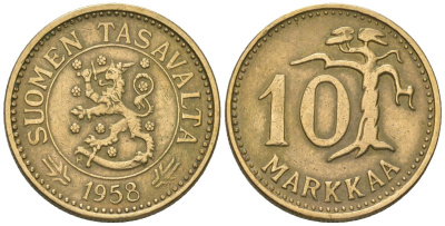Финляндия 10 марок 1958 H KM 38 алюминиевая бронза 4169-723