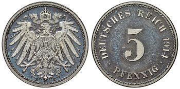 Германия 5 пфеннигов 1914 E, KM 11, J. 12 медно-никель PROOF 00-806-25