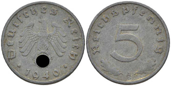 ГЕРМАНИЯ 5 РЕЙХСПФЕННИГОВ 1940 A KM 100, J. 370 цинк 105-234