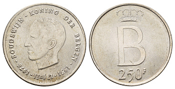 Бельгия 250 франков 1976 25 лет правления Бодуэна I, der Belgen KM 158 серебро 1519-1331
