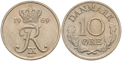 Дания 10 эре 1969 C,S, Фредерик IX (1947-1972) KM 849.1 медно-никель UNC 08-1444