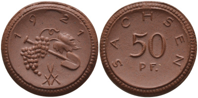 Саксония 50 пфеннигов 1921 виноград и лопата J. N 54 фарфор 1094-6-82