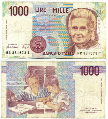 Италия 1000 лир 1990 Мария Монтессори Pick 114а бумага 7218-9-2