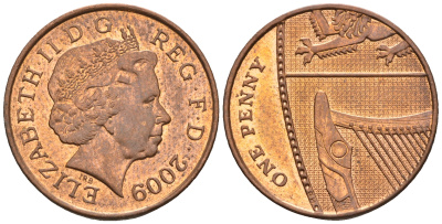 Великобритания 1 пенни 2009 Елизавета II (1952-2022) KM 1107, Spink B6 сталь плакированная медью 4609-658