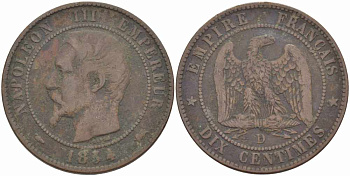 ФРАНЦИЯ 10 САНТИМОВ 1854 D, НАПОЛЕОН III (1852-1870) KM 771.4, LE FRANC 133.14 бронза 38-921