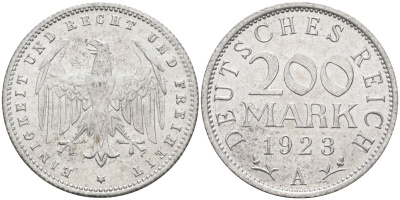 Германия 200 марок 1923 A KM 35, J. 304, Weege 22 алюминий UNC 4586-314