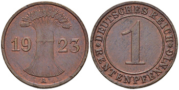 ГЕРМАНИЯ 1 РЕНТЕНПФЕННИГ 1923 A KM 30, J. 306 бронза UNC 66-716