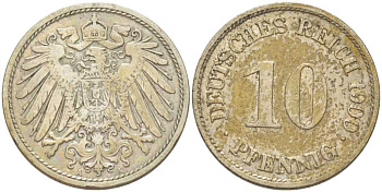 Германия 10 пфеннигов 1900 A KM 12, J. 13, Weege 8 медно-никель 259-812