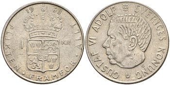 Швеция 1 крона 1968 U, Густав VI Адольф (1950-1973) KM 826 серебро 4150-241