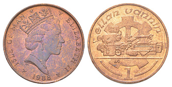 Остров Мэн 1 пенни 1988 АА, токарный станок, Елизавета II (1952) KM 207 бронза UNC 4625-367