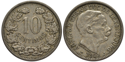 ЛЮКСЕМБУРГ 10 САНТИМОВ 1901 ВЕЛИКИЙ ГЕРЦОГ АДОЛЬФ (1890-1905) КМ 25 медно-никель 4538-656