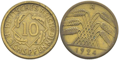 ГЕРМАНИЯ 10 РЕЙХСПФЕННИГОВ 1924 A KM 40, J. 317, Weege 9 алюминиевая бронза 210-337