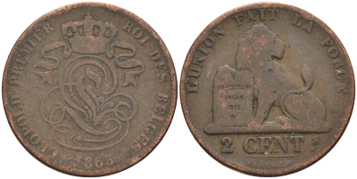 Бельгия 2 сантима 1865 Belges KM 4.2 медь 4595-212