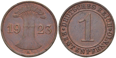 ГЕРМАНИЯ 1 РЕНТЕНПФЕННИГ 1923 A KM 30, J. 306 бронза UNC 66-716