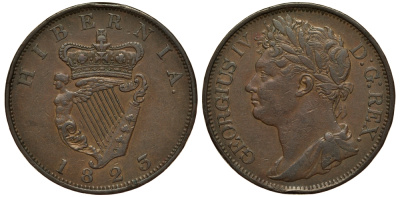 ИРЛАНДИЯ 1 ПЕННИ 1823 ГЕОРГ III, БОЛЬШОЙ ФОРМАТ KM 151 медь 650-134